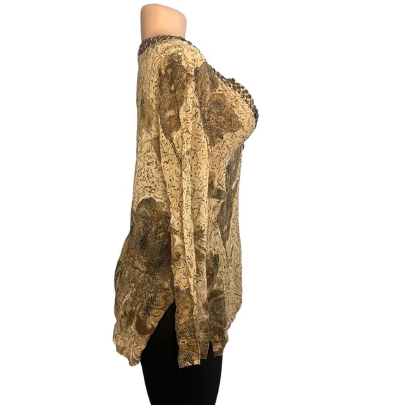 Chico’s 100% Silk Floral Sheer Jeweled Neckline Blouse Brown - Picture 6 of 10